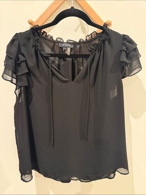 1 STATE Sheer Black Ruffle-Sleeve Tie-Neck Blouse